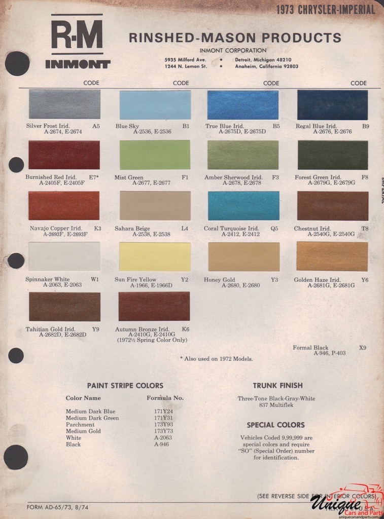 1973 Chrysler Paint Charts RM 1